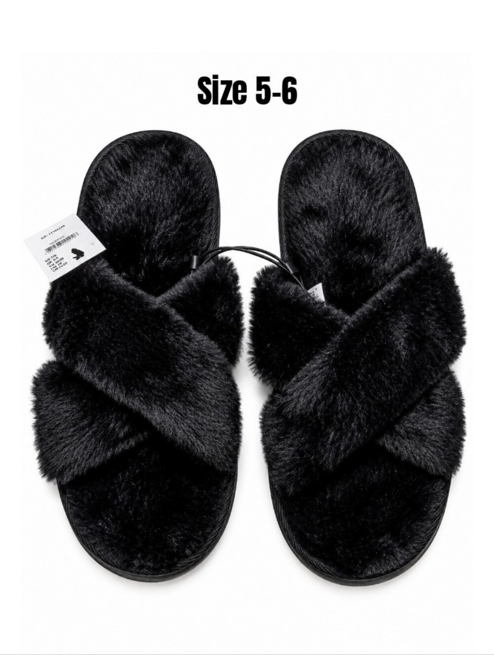 PacSun Womens Black Faux Fur Crisscross Open Toe Fuzzy Slippers XS-S 5/6 NEW